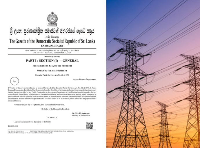 Extraordinary Gazette - “Electricity supply services declared an essential public service" 